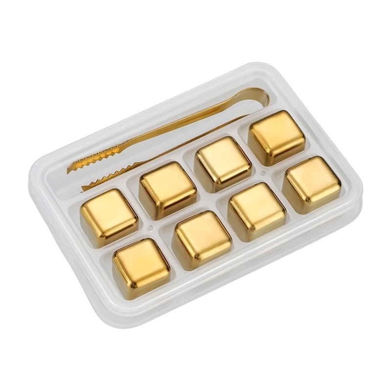 8 Stainless Steel Golden Ice Cubes with Tong