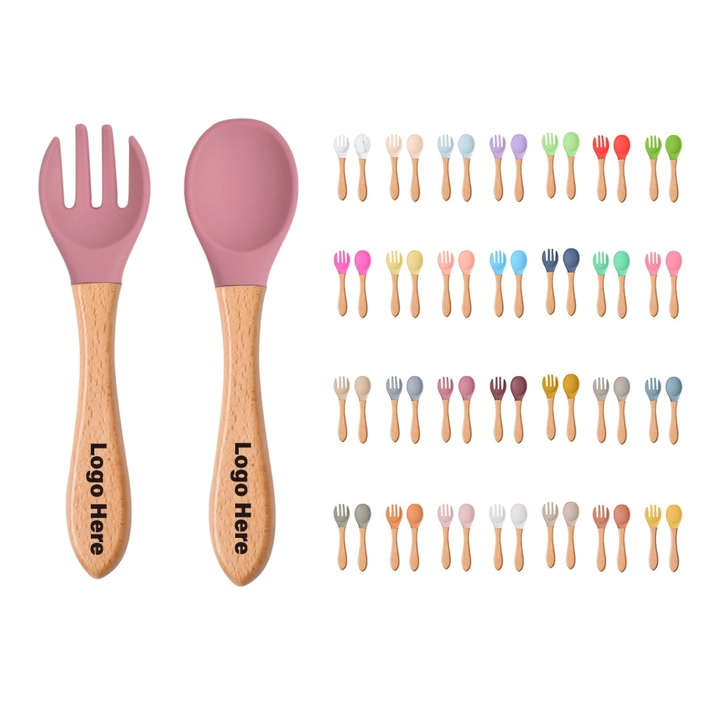 Silicone Baby Fork & Spoon Set with Wood Handle