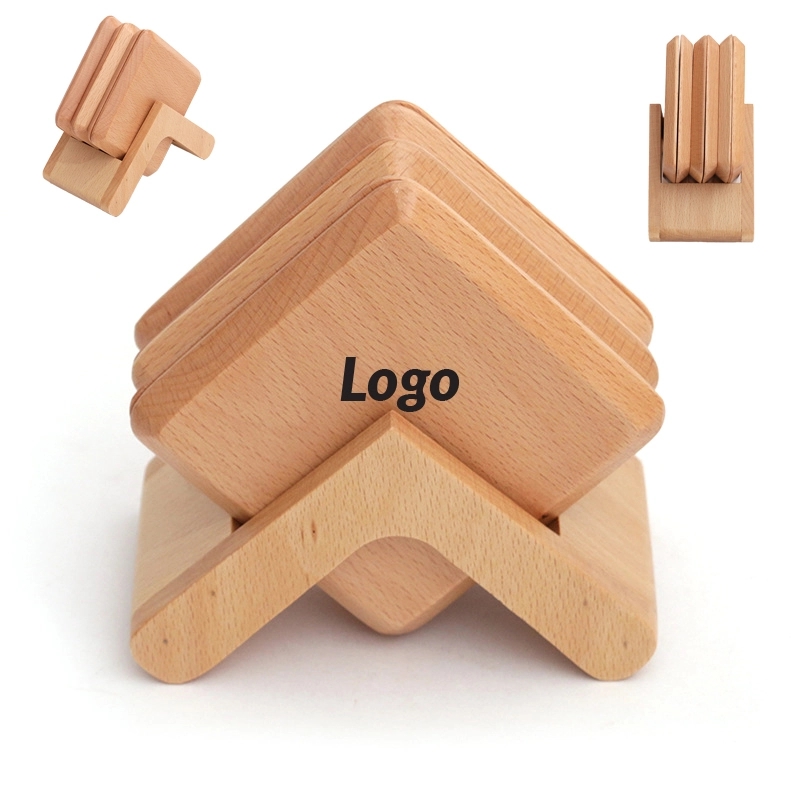 6-piece Natural Beech Wood Square Coaster Set