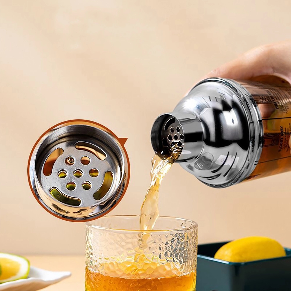 Three-Piece Glass Cocktail Shaker w/ Markings and Strainer