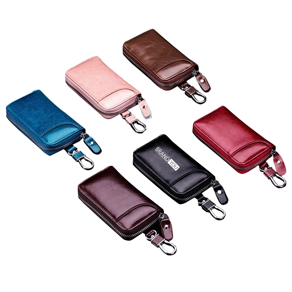 Men's Genuine Leather Zipper Key Case with Locking Keychain
