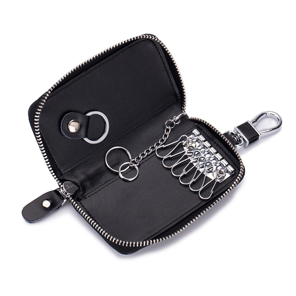 Men's Genuine Leather Zipper Key Case with Locking Keychain