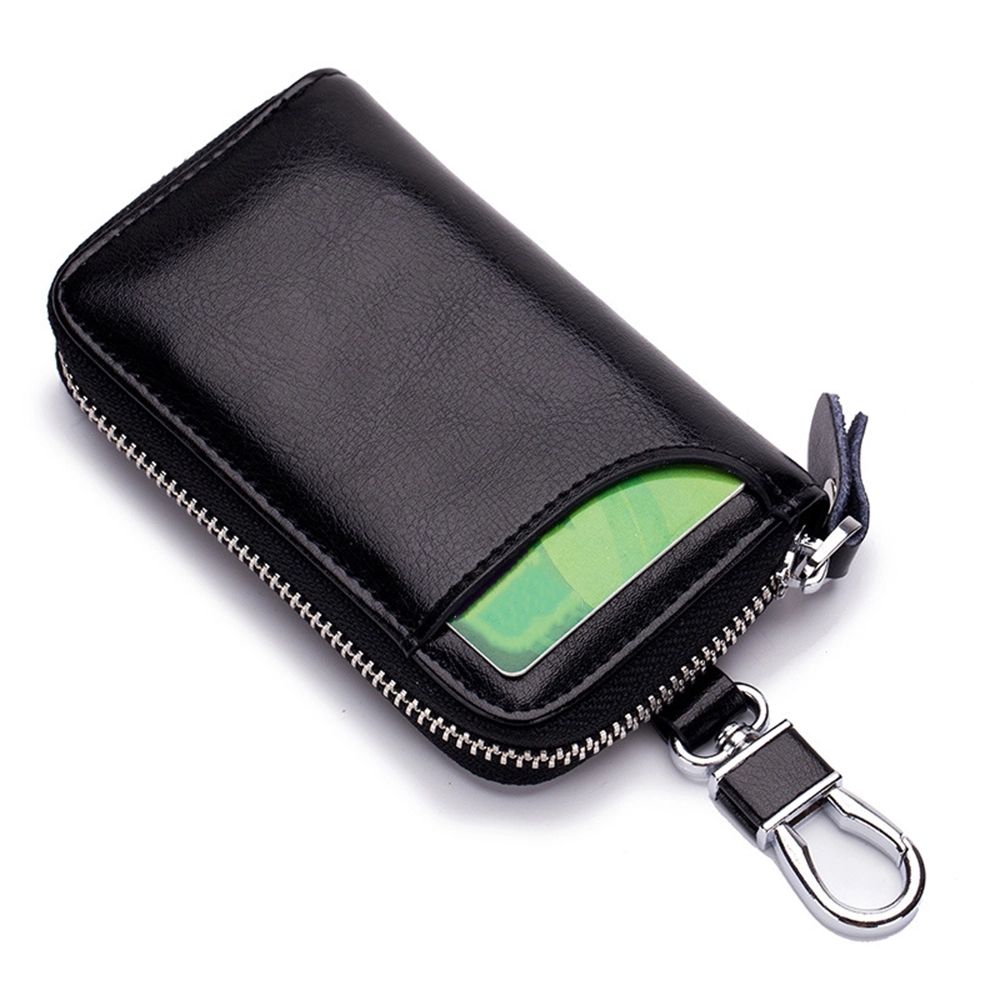 Men's Genuine Leather Zipper Key Case with Locking Keychain