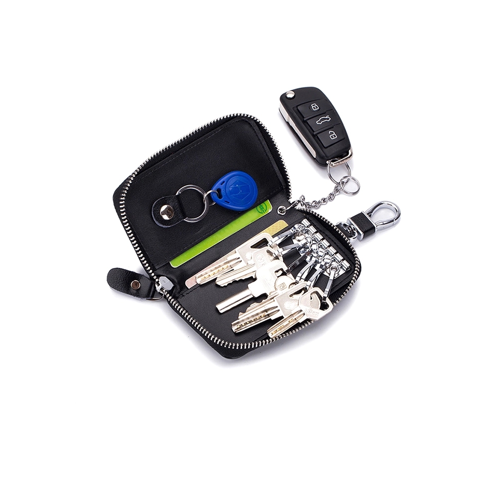 Men's Genuine Leather Zipper Key Case with Locking Keychain