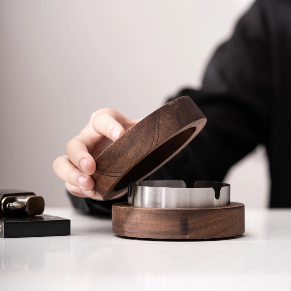 Circular Wood Ashtray with Magnetic Stainless Steel Liner
