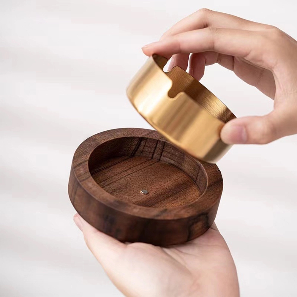 Circular Wood Ashtray with Magnetic Stainless Steel Liner