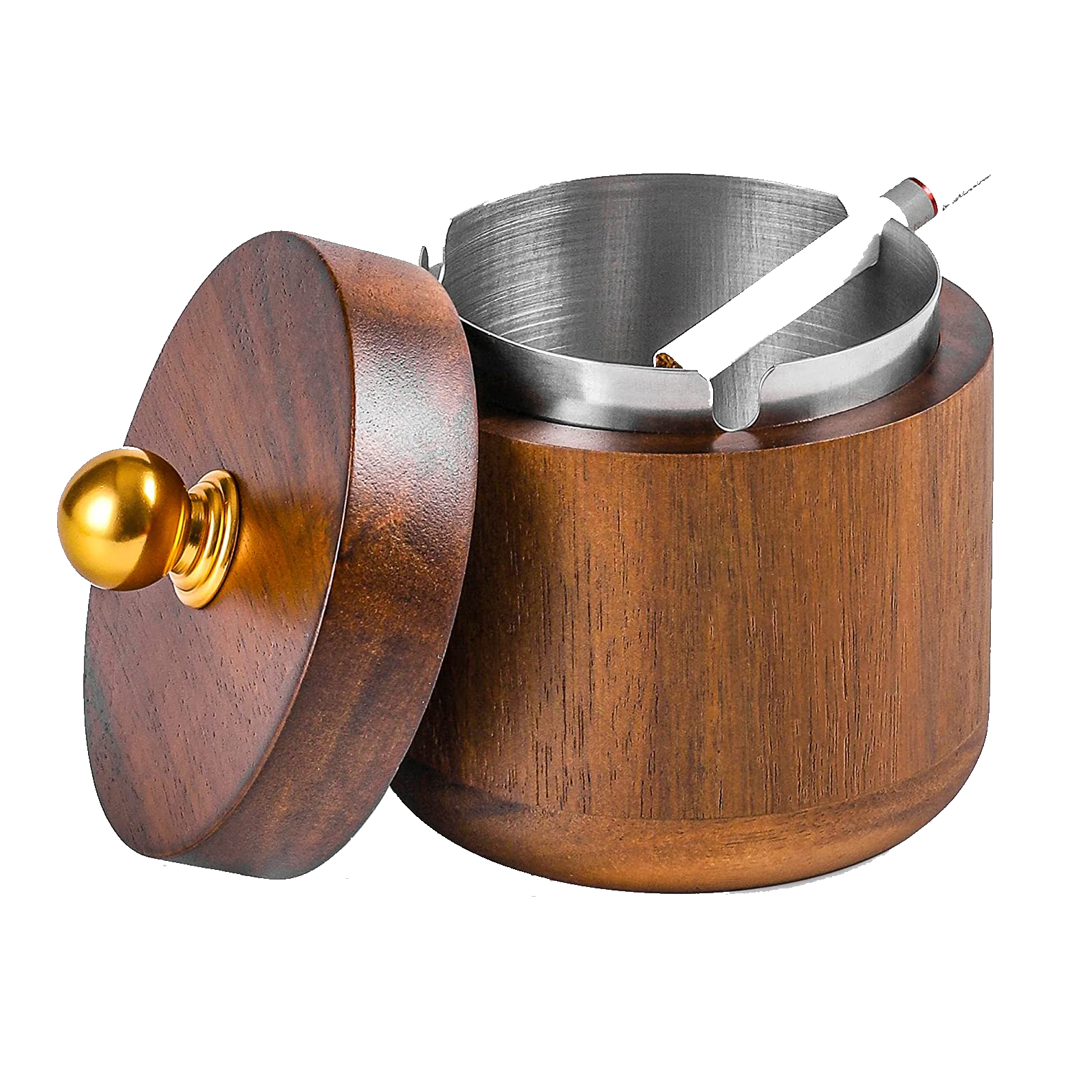 Round Ashtray Stainless Steel Liner Wooden Cover