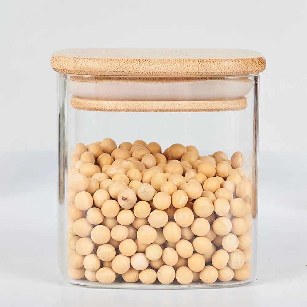 14oz Square Glass Jar with Bamboo Lid and Spoon