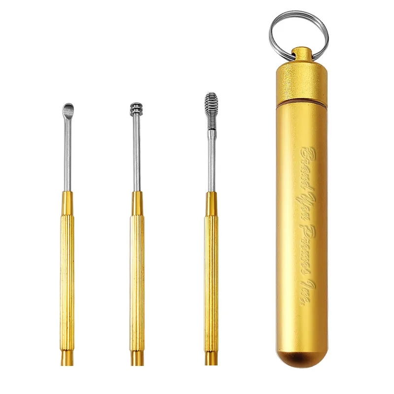 Brass Ear Pick Set 3-Piece w/ Storage Barrel Keyring