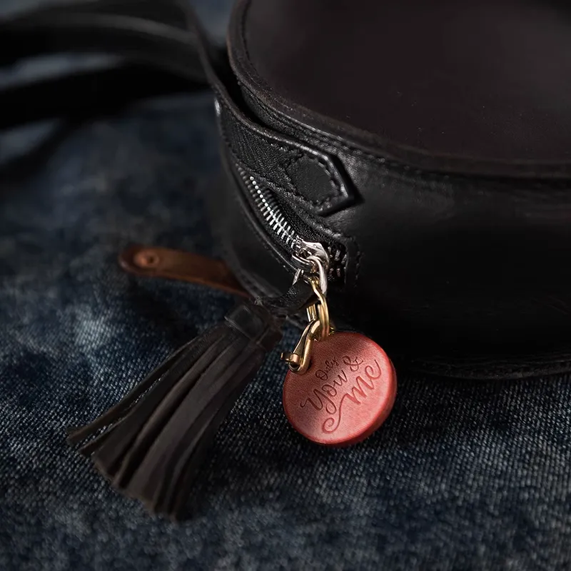 Round Leather Pendant Keychain Solid Brass Horseshoe Clasp