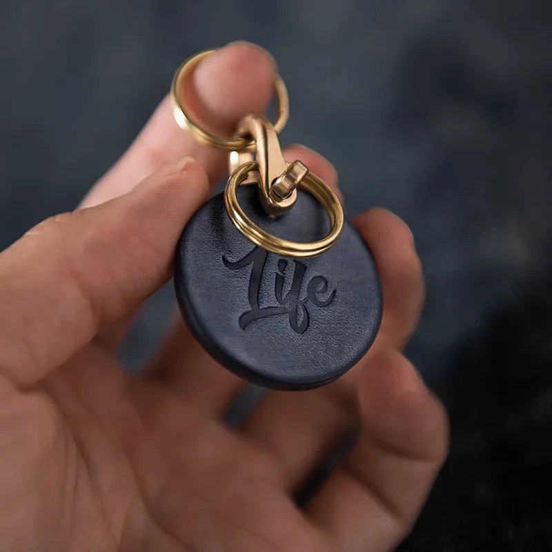 Round Leather Pendant Keychain Solid Brass Horseshoe Clasp