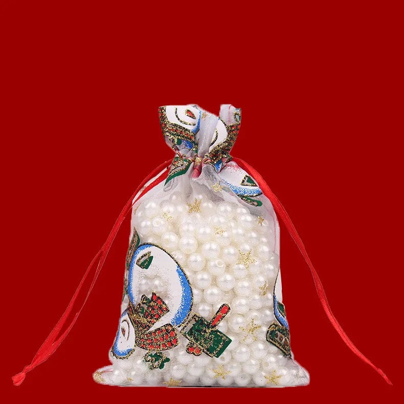 Festive Snow Organza Gift Bags with Drawstring Closure