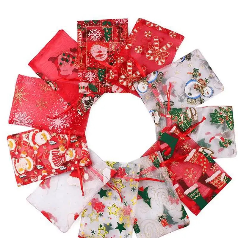 Festive Snow Organza Gift Bags with Drawstring Closure