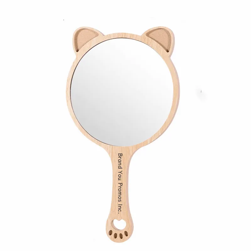 Cat Design Wooden Handle Hand Mirror