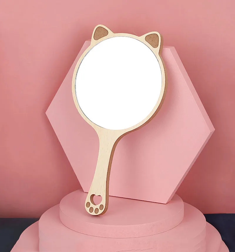 Cat Design Wooden Handle Hand Mirror