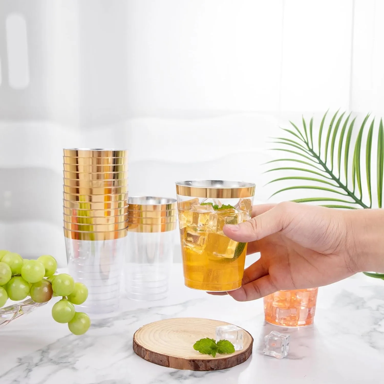 12 oz Disposable Clear Hard Plastic Cups with Gold Trim