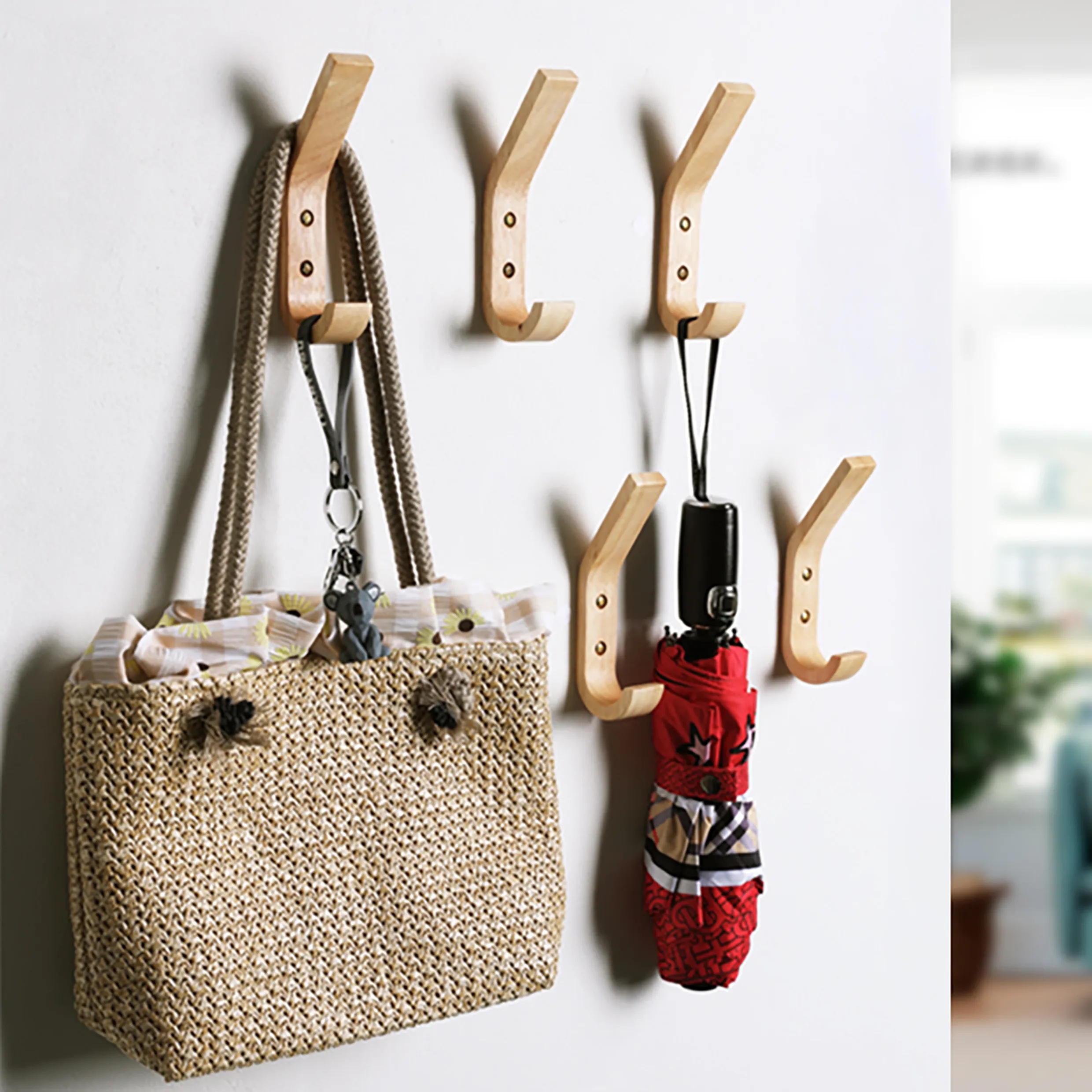 Versatile Rustic Natural Wood Wall Mounted J Shape Hooks