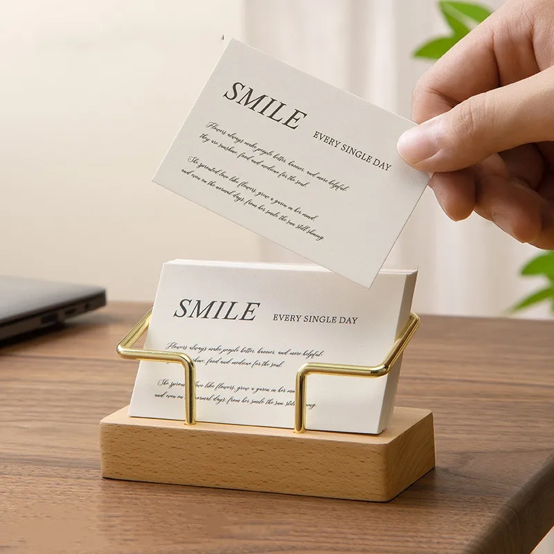 Wooden Desktop Business Card Holder w/ Metal Wire Design