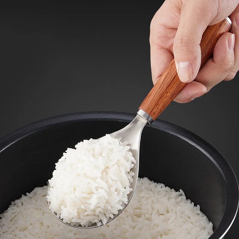 Stainless Steel Upright Wooden-Handle Non-Stick Rice Paddle
