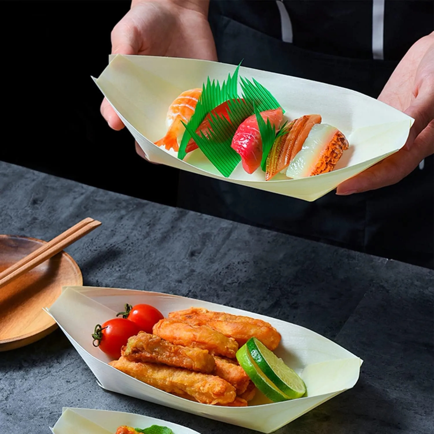 Natural 9" Wooden Leaf Boat Serving Trays for Food Display