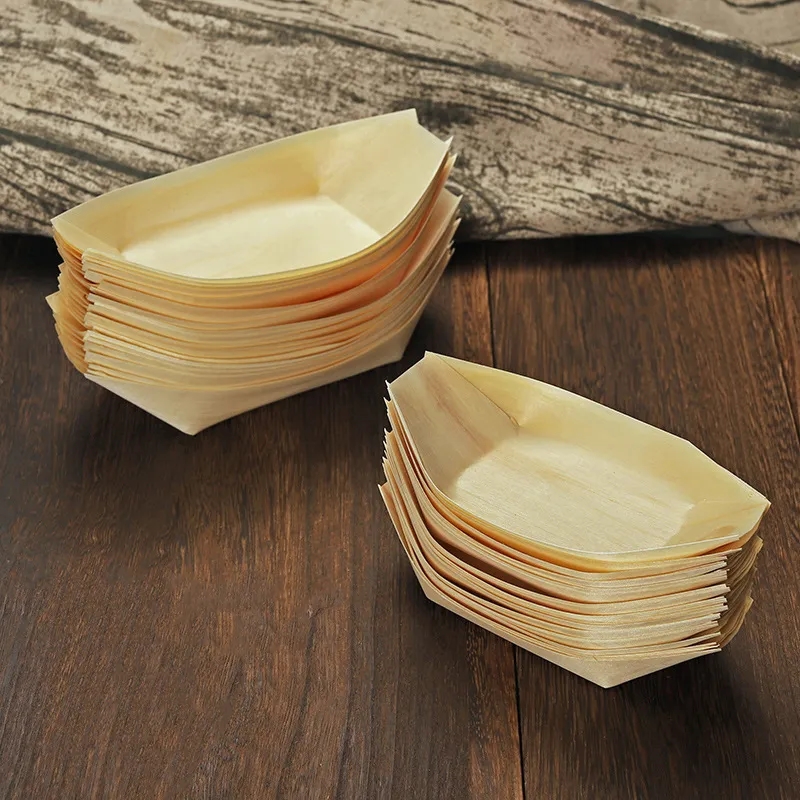 Natural 9" Wooden Leaf Boat Serving Trays for Food Display