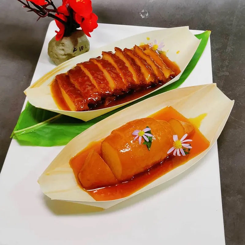 Natural 9" Wooden Leaf Boat Serving Trays for Food Display