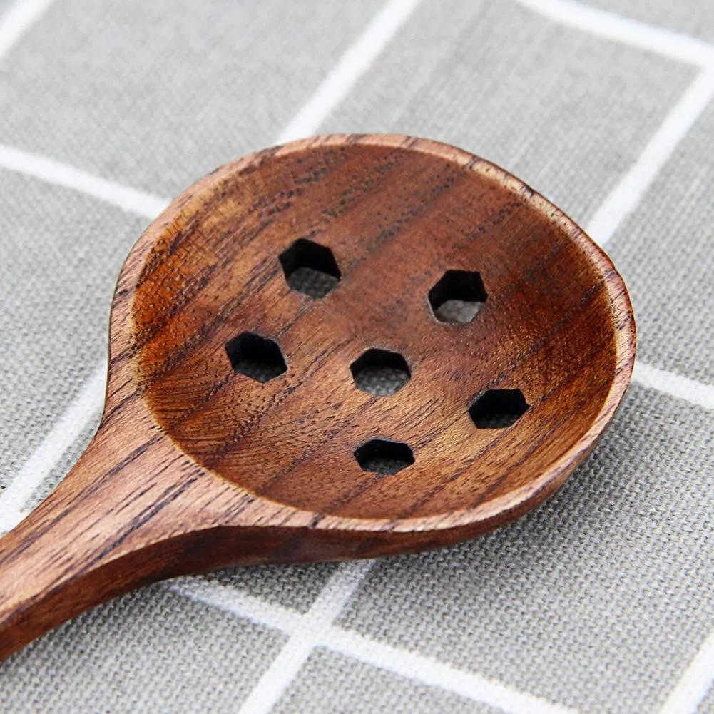 10.9" Long Handle Wooden Round Slotted Spoon
