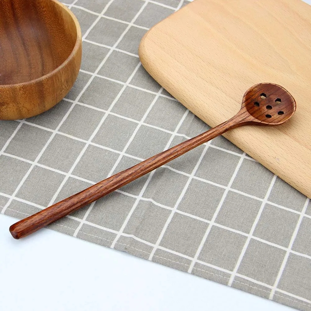 10.9" Long Handle Wooden Round Slotted Spoon