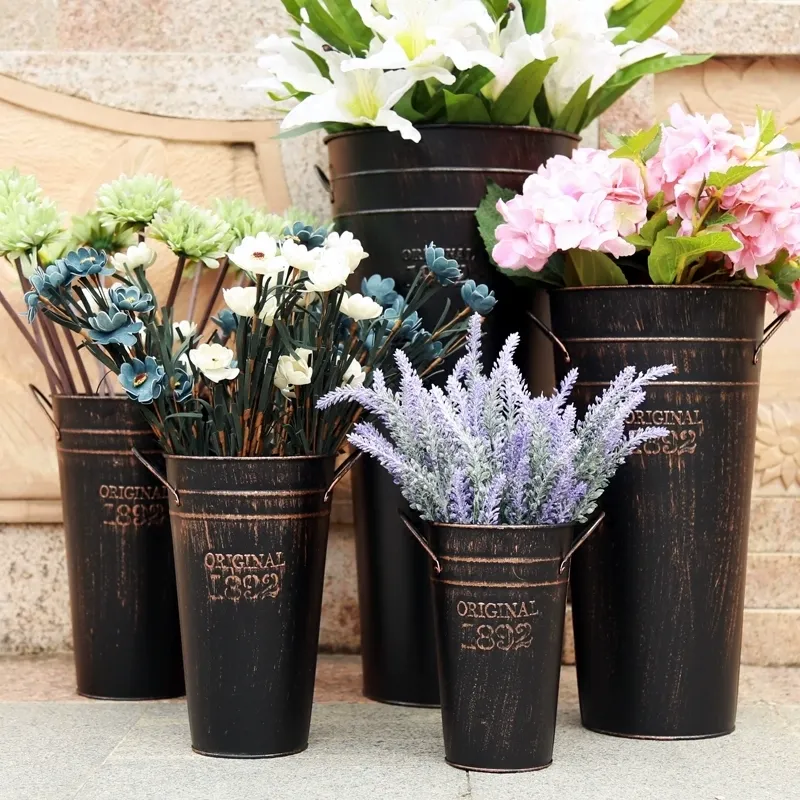 2ft Tall Vintage Rustic Iron Flower Bucket w/ Handles