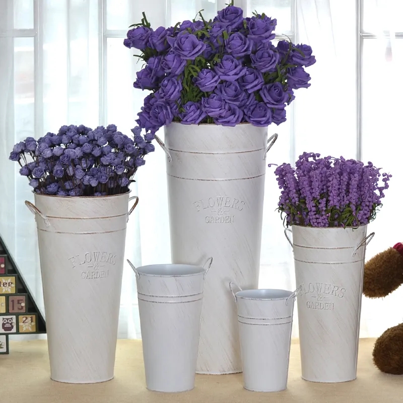 16" Leak-Proof Vintage White Tall Iron Flower Bucket