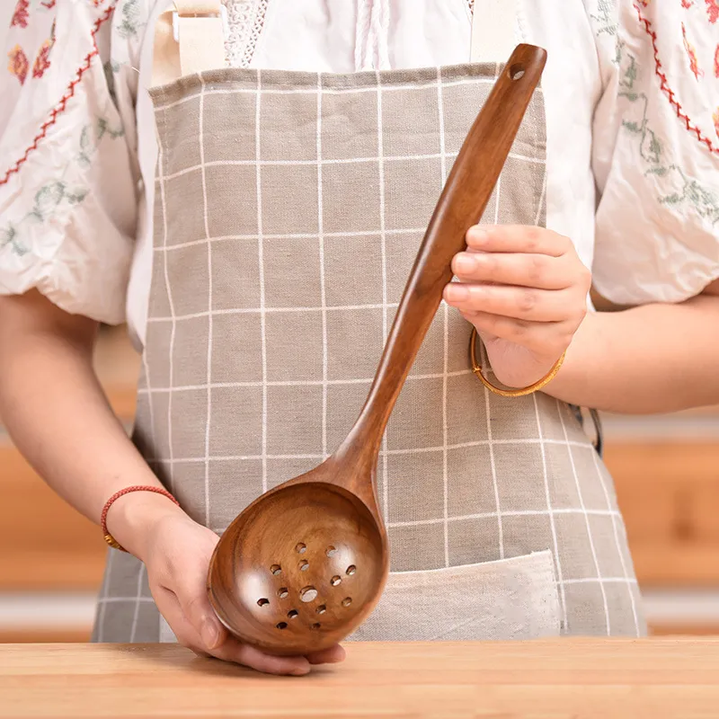Large Teak Wood Slotted Colander Skimmer Strainer Spoon