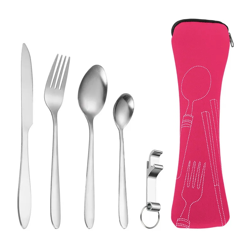 Outdoor Travel Stainless Steel 5-Piece Utensil Set w/ Pouch
