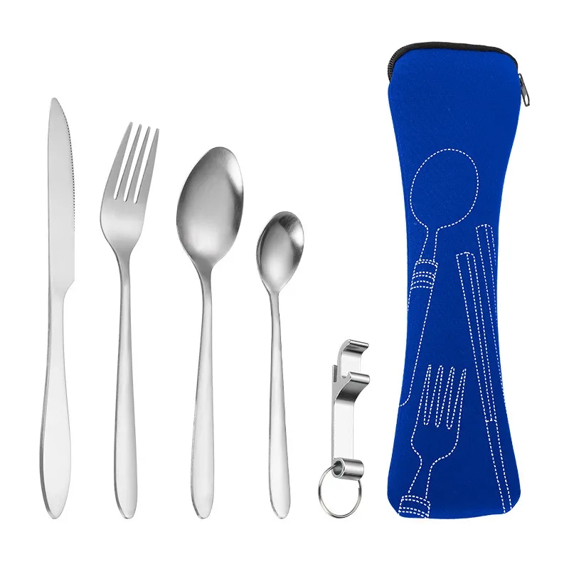 Outdoor Travel Stainless Steel 5-Piece Utensil Set w/ Pouch