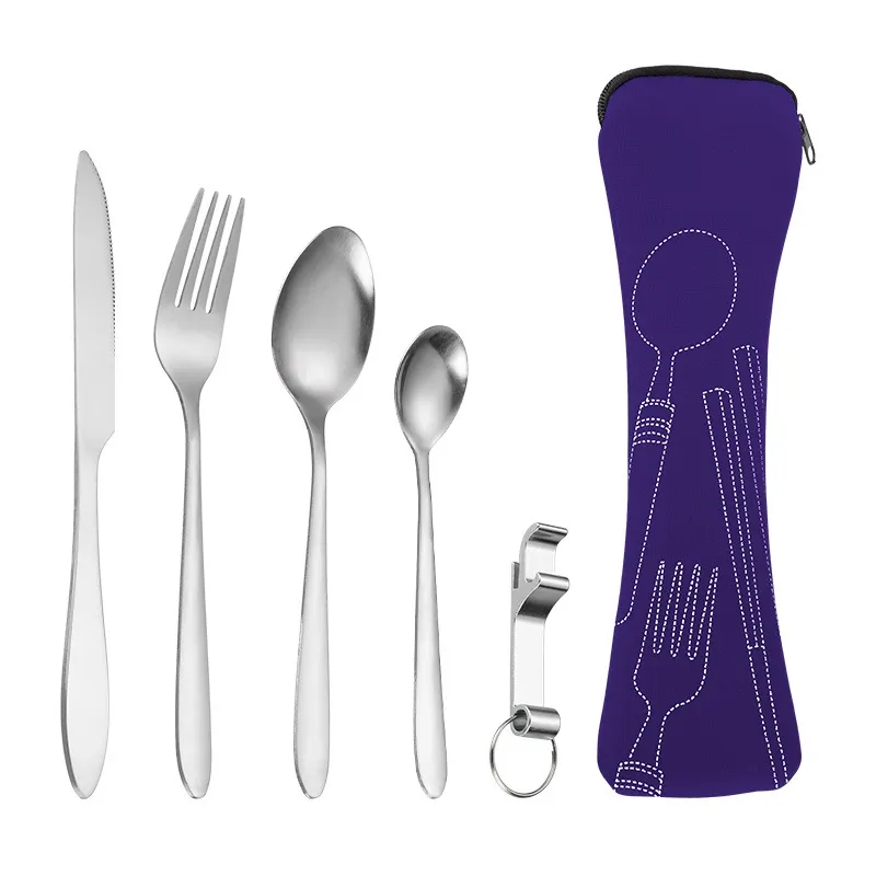 Outdoor Travel Stainless Steel 5-Piece Utensil Set w/ Pouch