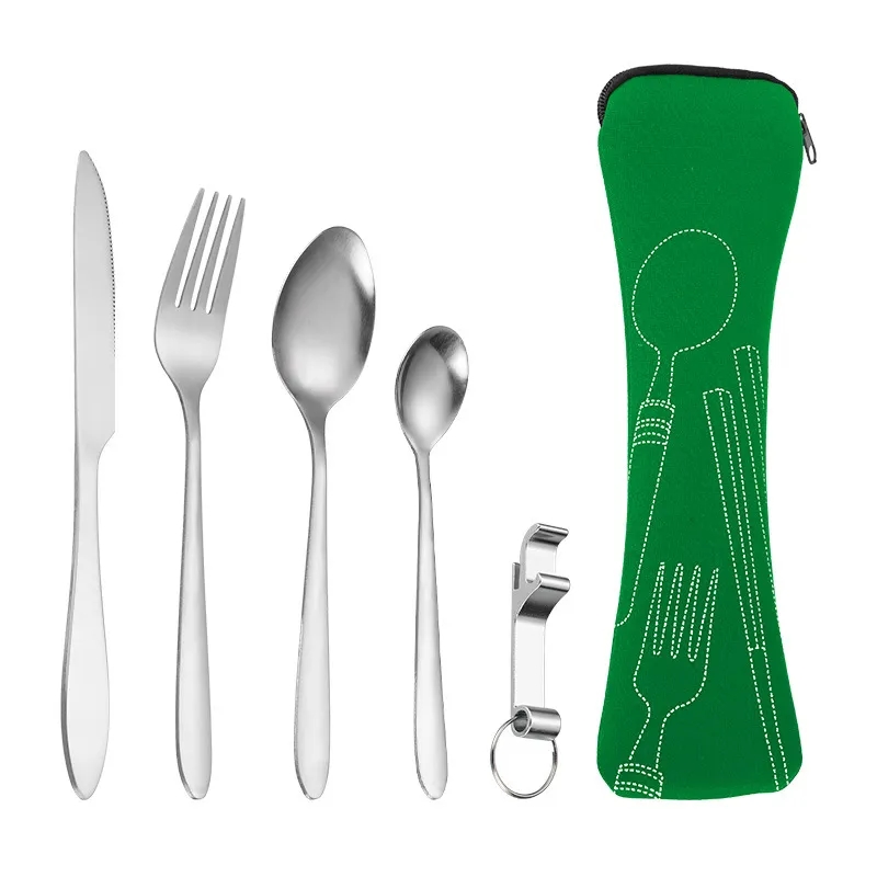 Outdoor Travel Stainless Steel 5-Piece Utensil Set w/ Pouch
