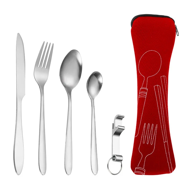 Outdoor Travel Stainless Steel 5-Piece Utensil Set w/ Pouch