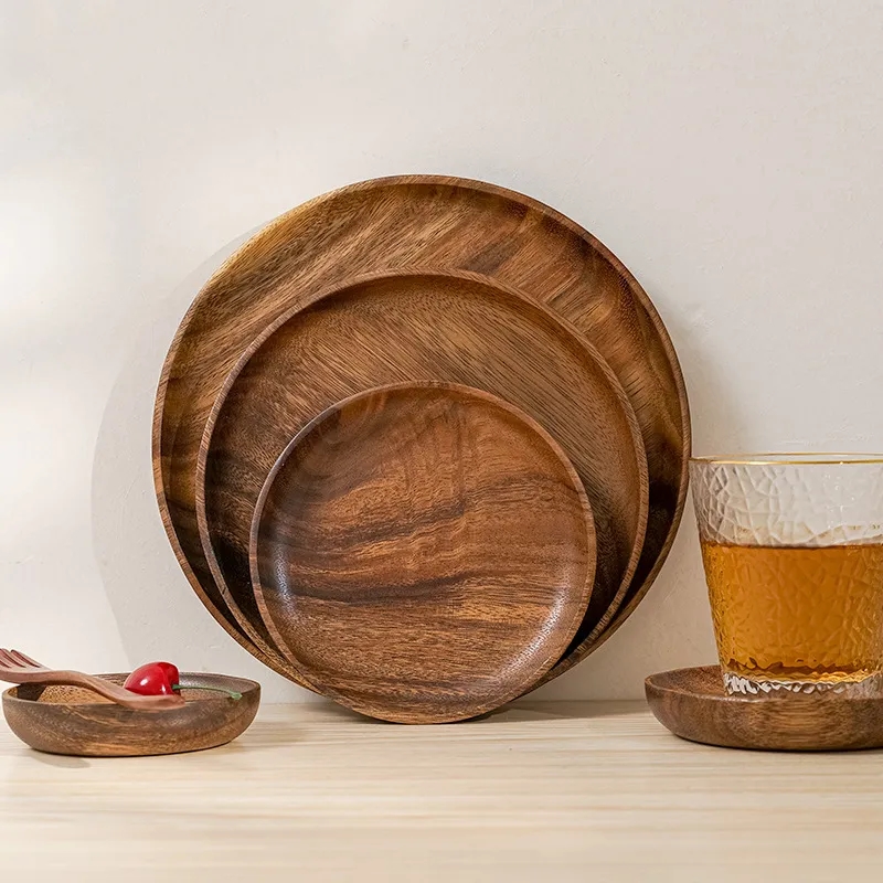 Natural Acacia Wood 8-inch Round Flat Plate for Dining