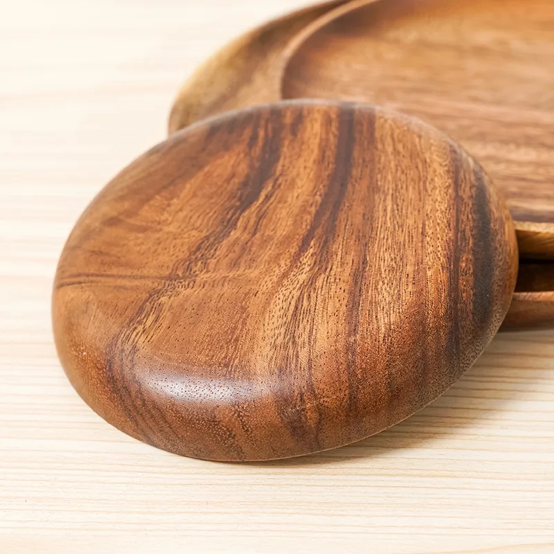 Natural Acacia Wood 8-inch Round Flat Plate for Dining