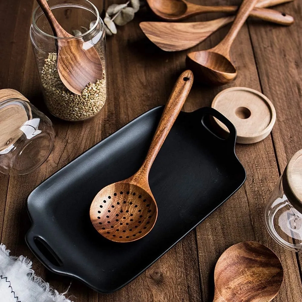 Teak Slotted Scoop Dipping Spoon, Long Handle - Handcrafted