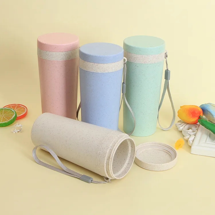 Sustainable 12oz Wheat Straw Eco Water Bottle w/ Lid & Strap