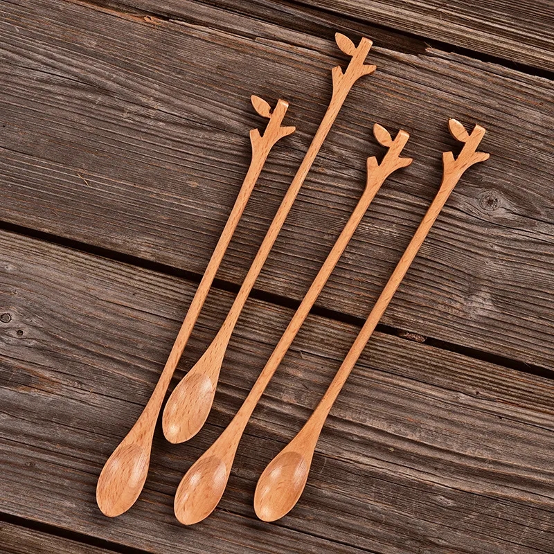 Leaf-Design Wooden Kitchen Spoons for Cooking and Serving
