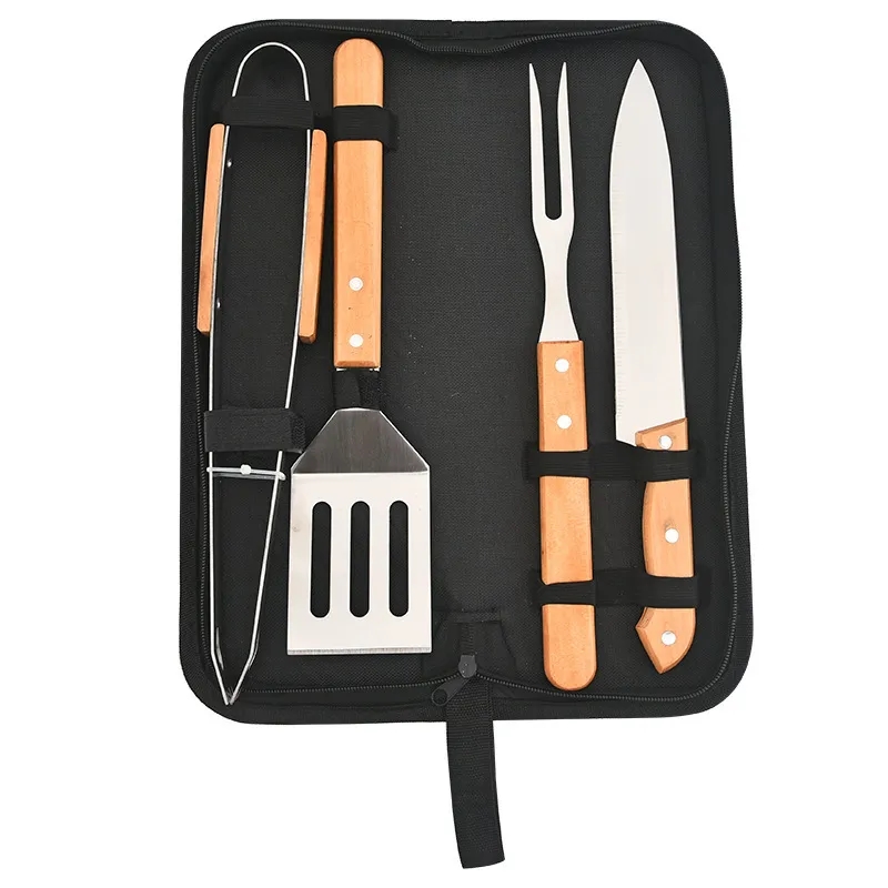 4-piece Wooden Handle BBQ Grilling Tools Set w/ Pouch