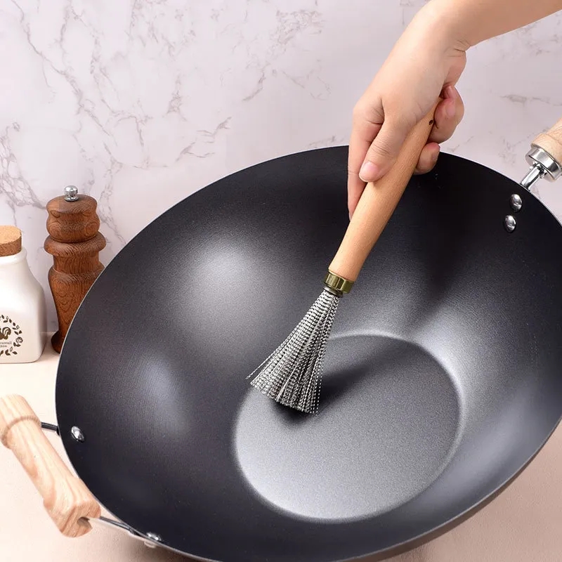 Eco-Friendly Steel Bristle Scrubber with Wooden Handle