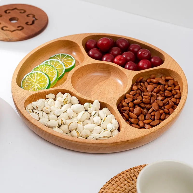 12-Inch Round Beech Wood Divided Serving Platter/Tray