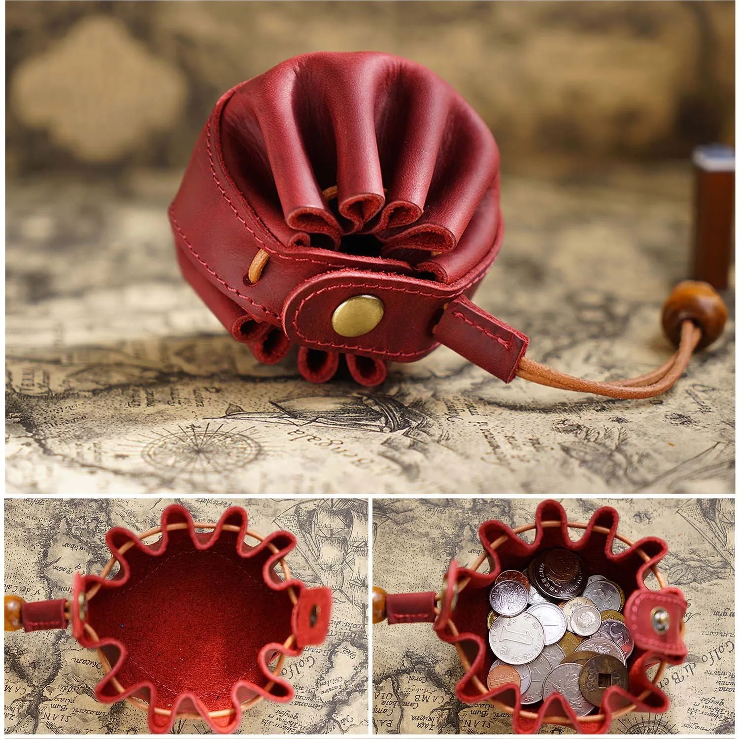 Classic Top-Grain Leather Snap Button Drawstring Coin Purse
