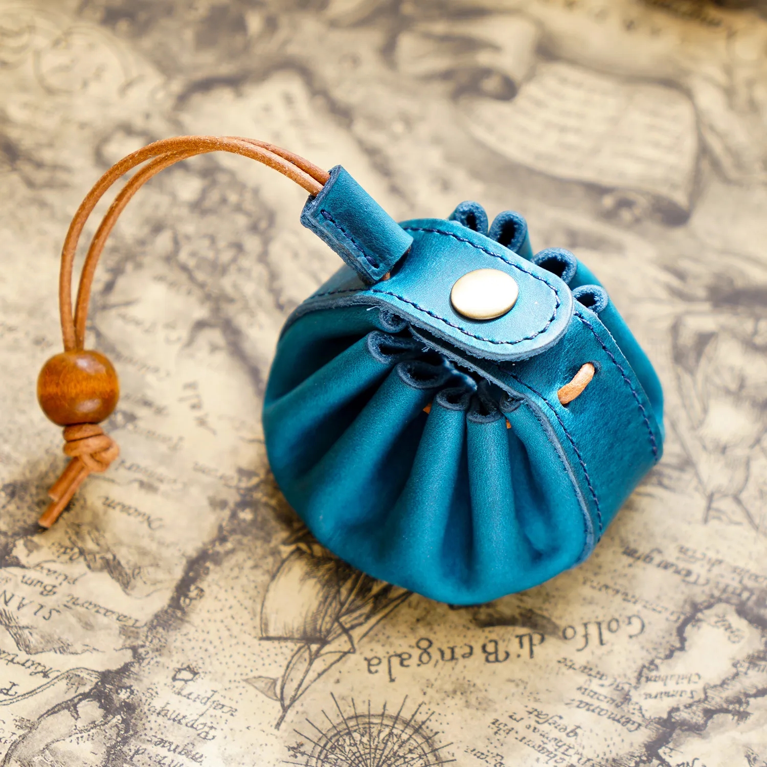 Classic Top-Grain Leather Snap Button Drawstring Coin Purse