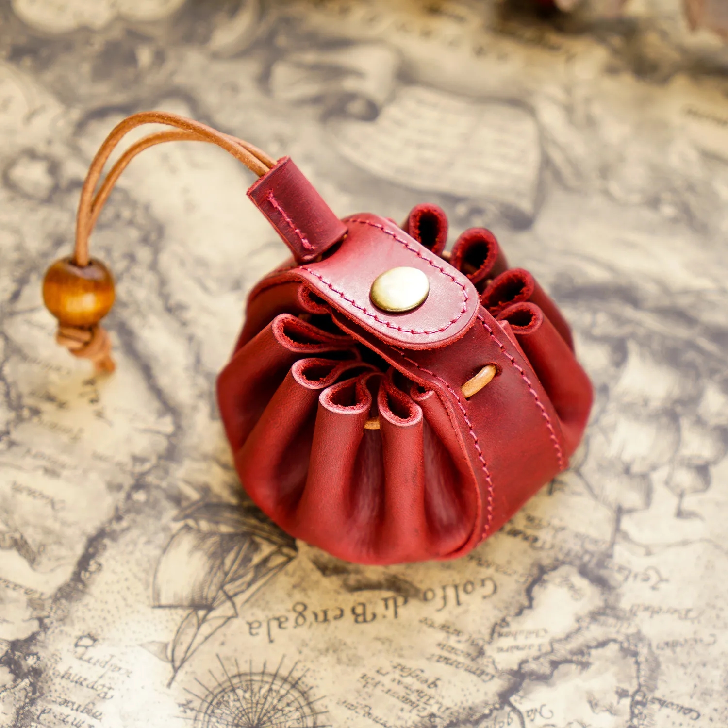 Classic Top-Grain Leather Snap Button Drawstring Coin Purse