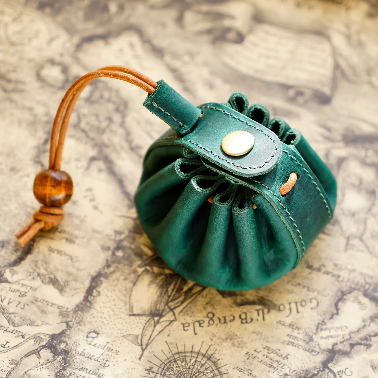 Classic Top-Grain Leather Snap Button Drawstring Coin Purse