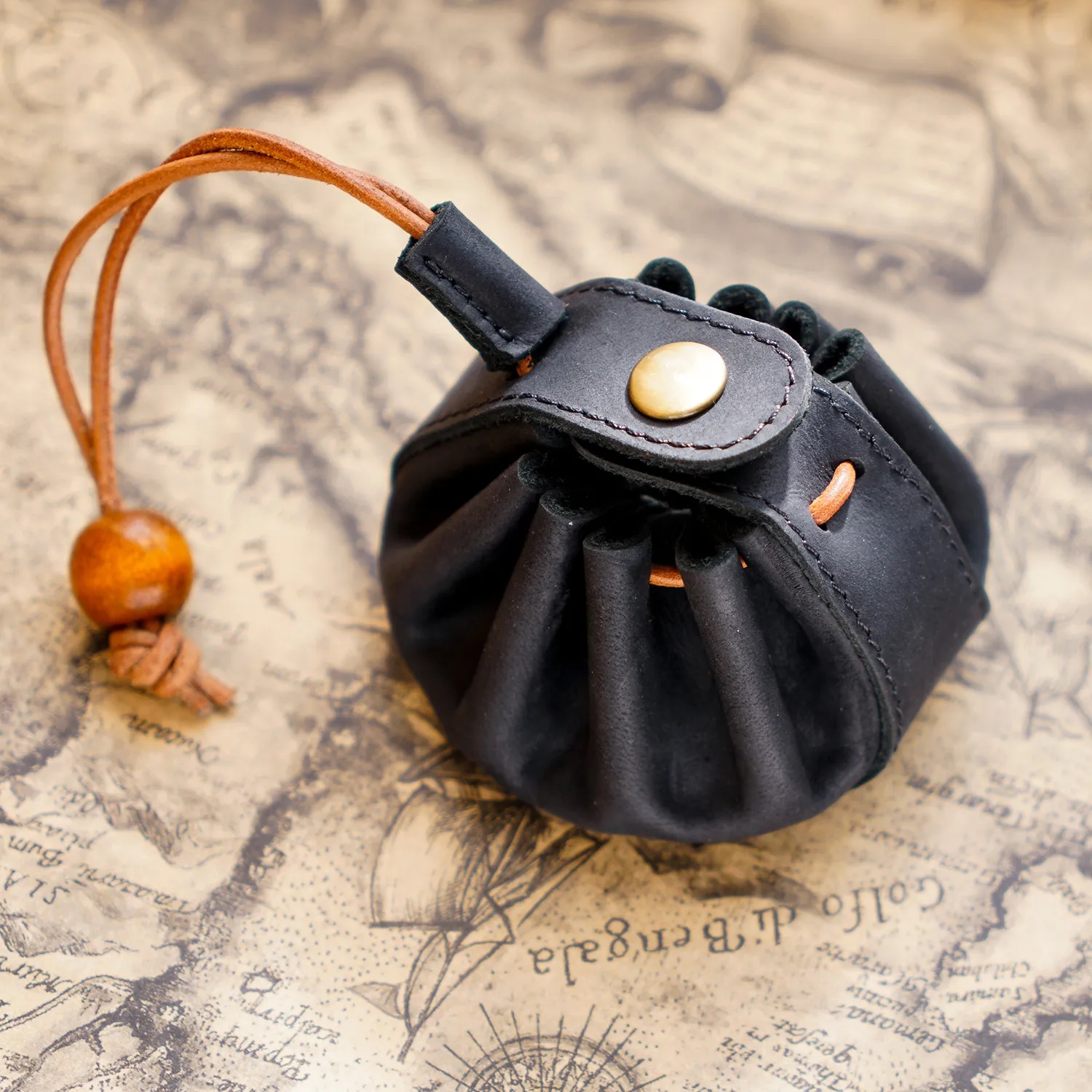 Classic Top-Grain Leather Snap Button Drawstring Coin Purse