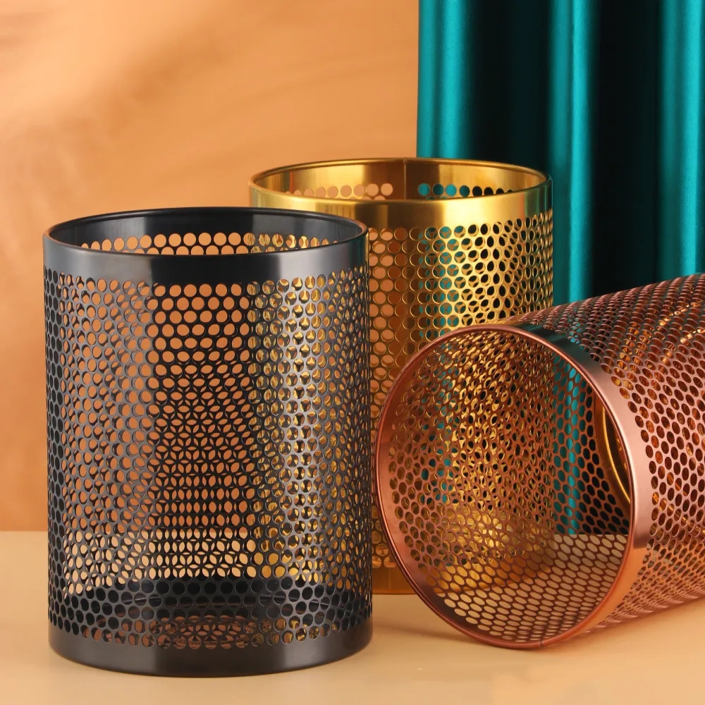 Modern Hollow-Carved Stainless Steel Open-Top Trash Can